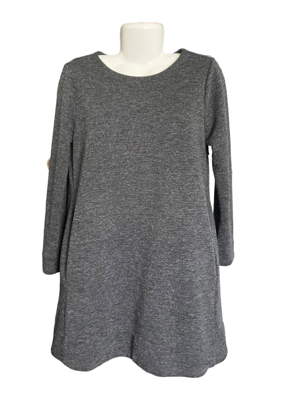 Adrienne Vittadini Women's Grey Knit Warm Short Sweatshirt Dress Pockets Size M